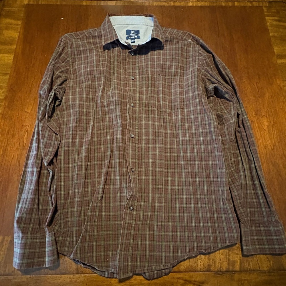 George Men's Large Classic Fit Plaid‎ Button Down Shirt L 42-44 Long Sleeve